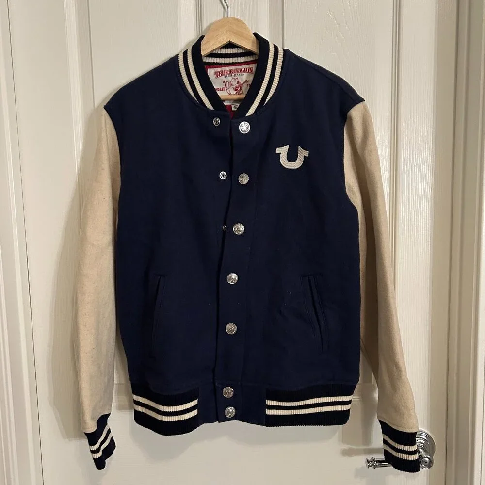 True Religion Varsity Letterman Jacket Wool Blend Snap Front Y2K Streetwear - Picture 5 of 12